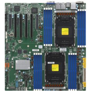 Материнская плата Supermicro X13DEI, E-ATX, 2xLGA4677 4th/5th Gen Xeon Scalable (до 350W, до 64 ядер), C741, 16xDDR5-5600MHz до 4Tb, 8xSATA3 (RAID 0,1,5,10), 2xSATA3 (RAID 0,1), 3xMCIO PCI-e 5.0 x8 (6xNVMe диска), 2xM.2 (PCIe 4.0 x2), 4хPCIe 5.0 x16, 2хPCIe 5.0 x8, 2x1GbE (broadcom BCM5720), ASPEED AST2600 BMC, VROC, IPMI, VGA