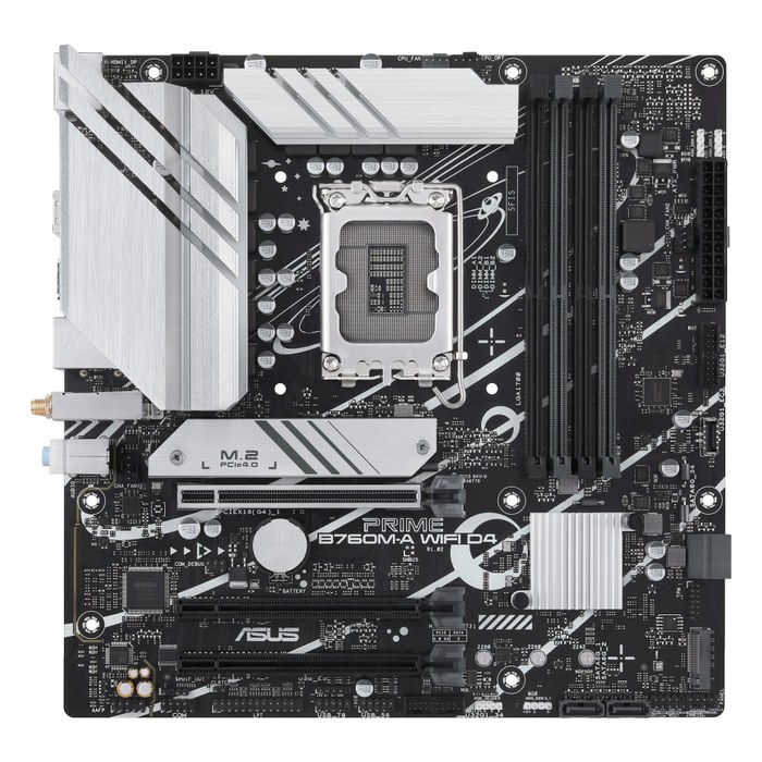 Материнская плата ASUS PRIME B760M-A WIFI D4, mATX, 1xLGA1700, Intel B760, 4xDDR4-5333MHz (до 128GB), 2xM.2, 4xSATA3, 1xPCIe 4.0 x16, HDMI/DP, 1x2.5GbE, Wi-Fi 6