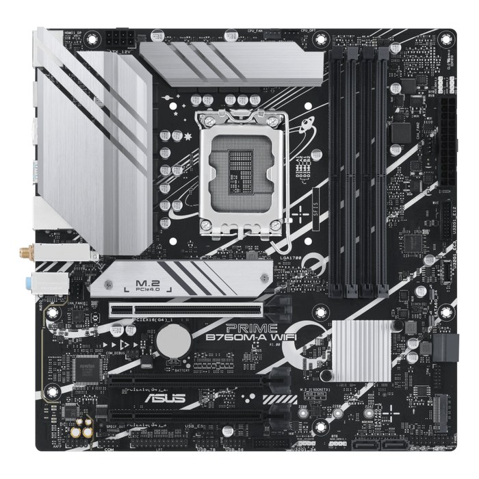 Материнская плата ASUS PRIME B760M-A WIFI, mATX, 1xLGA1700, Intel B760, 4xDDR5-7200MHz (до 192GB), 2xM.2, 4xSATA3, 1xPCIe 4.0 x16, HDMI/DP, 1x2.5GbE, Wi-Fi 6 (90MB1CX0-M1EAY0)