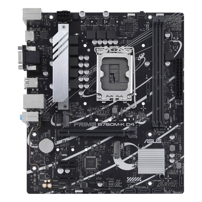 Материнская плата ASUS PRIME B760M-K D4, mATX, 1xLGA1700, Intel B760, 2xDDR4-5333MHz (до 64GB), 2xM.2, 4xSATA3, 1xPCIe 4.0 x16, HDMI/VGA, 1x2.5GbE