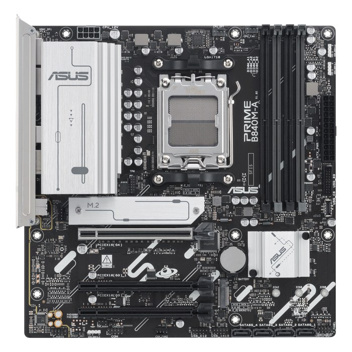 Материнская плата ASUS PRIME B840M-A-CSM, mATX, 1xAM5, AMD B840, 4xDDR5-7600MHz (до 256GB), 3xM.2, 4xSATA3, 1xPCIe 4.0 x16, DP/HDMI, 1x2.5GbE