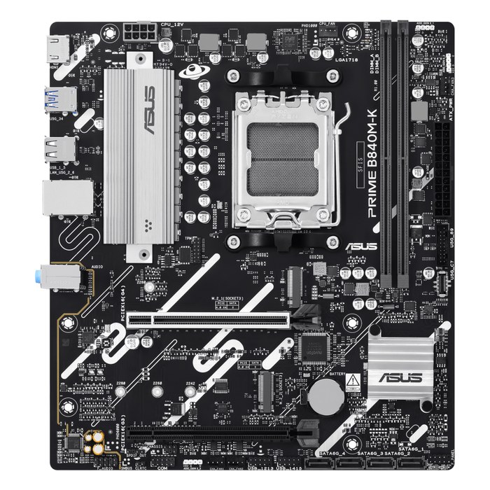 Материнская плата ASUS PRIME B840M-K, mATX, 1xAM5, AMD B840, 2xDDR5-8000MHz (до 128GB), 2xM.2, 4xSATA3, 1xPCIe 4.0 x16, HDMI, 1x2.5GbE (90MB1PK0-M0EAY0)