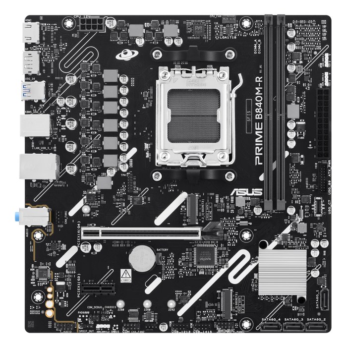 Материнская плата ASUS PRIME B840M-R, mATX, 1xAM5, AMD B840, 2xDDR5-7600MHz (до 128GB), 2xM.2, 4xSATA3, 1xPCIe 4.0 x16, DP/HDMI, 1x1GbE