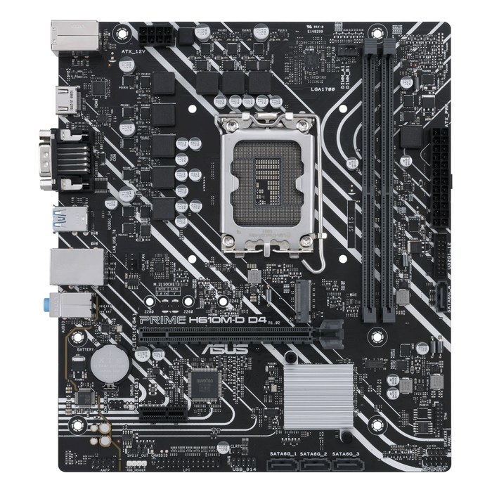 Материнская плата ASUS PRIME H610M-D D4, mATX, 1xLGA1700, Intel H610, 2xDDR4-3200MHz (до 64GB), 1xM.2, 4xSATA3, 1xPCIe 4.0 x16, HDMI/VGA, 1x1GbE