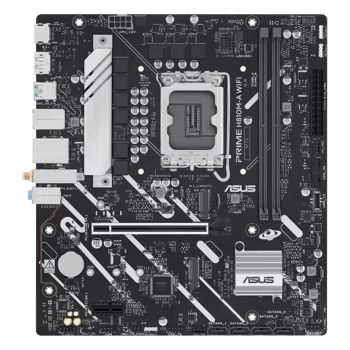 Материнская плата ASUS PRIME H810M-A WIFI, mATX, 1xLGA1851, Intel H810, 2xDDR5 (до 128GB), 2xM.2, 4xSATA3, 1xPCIe 4.0 x16, DP/HDMI, 1x1GbE, Wi-Fi 6 (90MB1KJ0-M0EAY0)