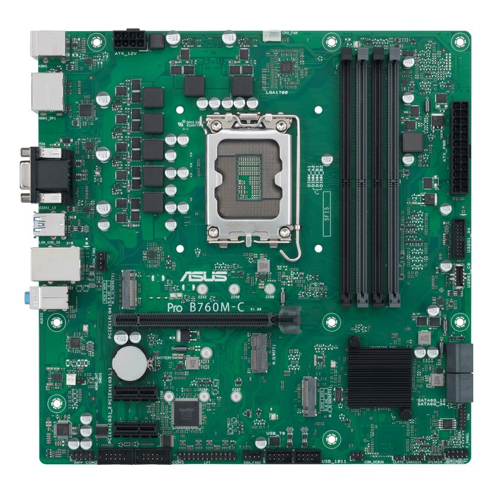 Материнская плата ASUS Pro B760M-C-CSM, mATX, 1xLGA1700, Intel B760, 4xDDR5-6200MHz (до 192GB), 2xM.2, 4xSATA3, 1xPCIe 4.0 x16, DP/HDMI/VGA, 1x1GbE