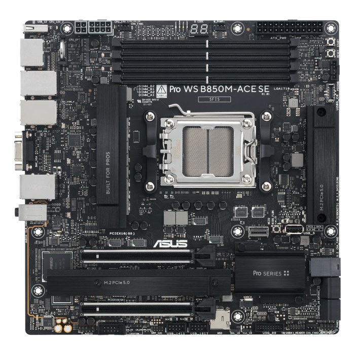 Материнская плата ASUS Pro WS B850M-ACE SE, mATX, 1xAM5, AMD B850, 4xDDR5-8000MHz (до 256GB), 2xM.2, 4xSATA3, 1xPCIe 5.0 x16, DP/HDMI/VGA, 1x10GbE+1x2.5GbE+1x1GbE, IPMI (90MB1MN0-M0EAY0)