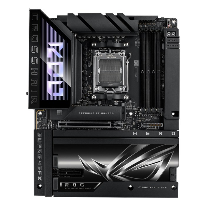 Материнская плата ASUS ROG CROSSHAIR X870E HERO BTF, ATX, 1xAM5, AMD X870E, 4xDDR5-8600MHz (до 256GB), 5xM.2, 4xSATA3, 1xPCIe 5.0 x16, HDMI/DP, 1x5GbE+1x2.5GbE, Wi-Fi 7 (90MB1MX0-M0EAY0)