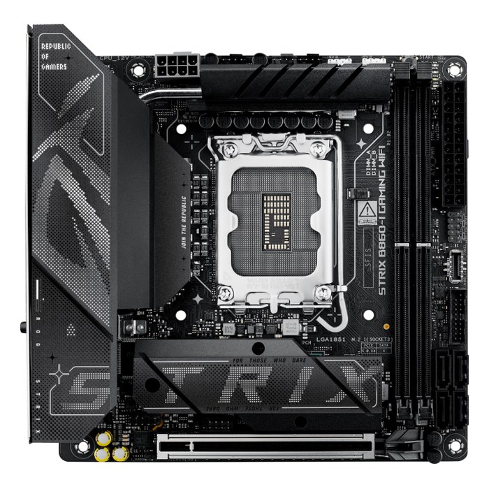 Материнская плата ASUS ROG STRIX B860-I GAMING WIFI, Mini-ITX, 1xLGA1851, Intel B860, 2xDDR5-9066MHz (до 128GB), 2xM.2, 4xSATA3, 1xPCIe 5.0 x16, DP/HDMI, 1x2.5GbE, Wi-Fi 7 (90MB1JB0-M0EAY0)