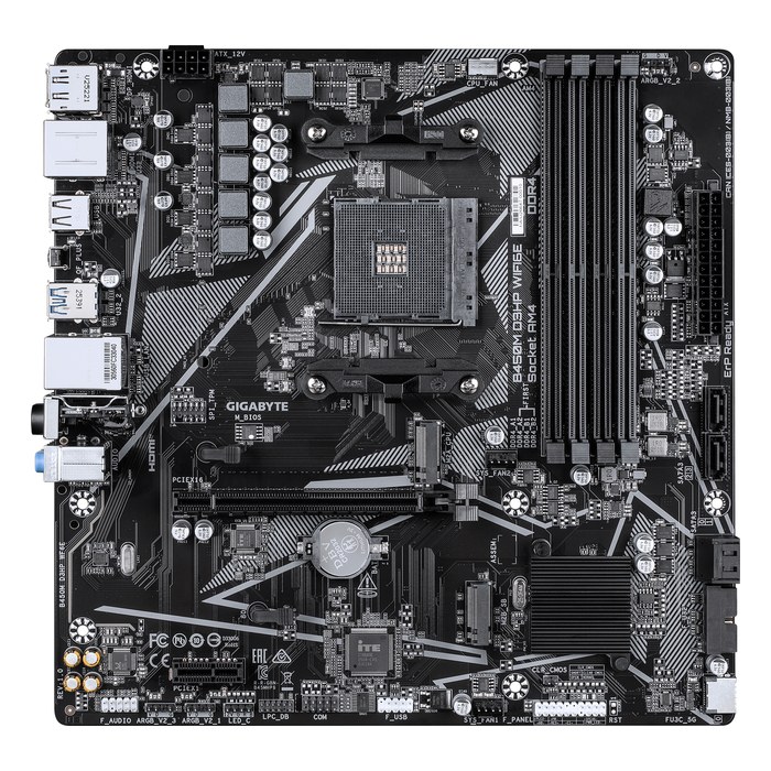 Материнская плата Gigabyte B450M D3HP WIFI6E, mATX, 1xAM4, AMD B450, 4xDDR4-2667MHz (до 128GB), 2xM.2, 4xSATA3, 1xPCIe 3.0 x16, HDMI/DP, 1x1GbE, Wi-Fi 6E