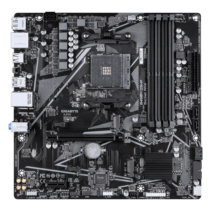 Материнская плата Gigabyte B450M D3HP, mATX, 1xAM4, AMD B450, 4xDDR4-2667MHz (до 128GB), 2xM.2, 4xSATA3, 1xPCIe 3.0 x16, HDMI/DP, 1x1GbE