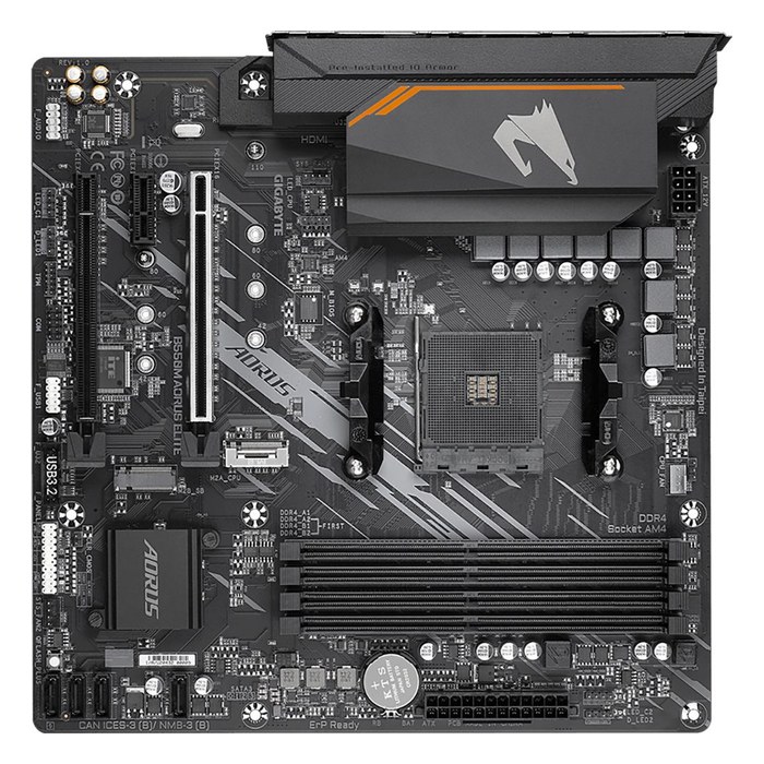 Материнская плата Gigabyte B550M AORUS ELITE, mATX, 1xAM4, AMD B550, 4xDDR4 (до 128GB), 2xM.2, 4xSATA3, 1xPCIe 4.0 x16, DVI/HDMI, 1x1GbE