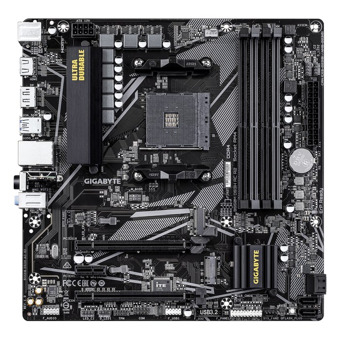 Материнская плата Gigabyte B550M DS3H AC R2 (rev. 1.0), mATX, 1xAM4, AMD B550, 4xDDR4-4733MHz (до 128GB), 2xM.2, 4xSATA3, 1xPCIe 4.0 x16, HDMI/DP, 1x1GbE, Wi-Fi 5