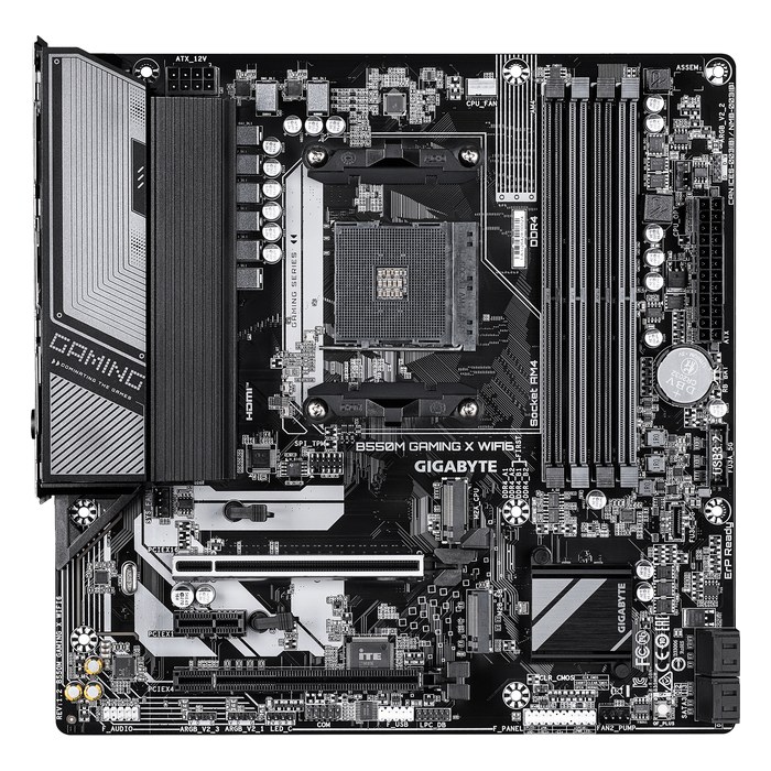 Материнская плата Gigabyte B550M GAMING X WIFI6 (rev. 1.2), mATX, 1xAM4, AMD B550, 4xDDR4-3200MHz (до 128GB), 2xM.2, 4xSATA3, 1xPCIe 4.0 x16, HDMI/DP, 1x1GbE, Wi-Fi 6