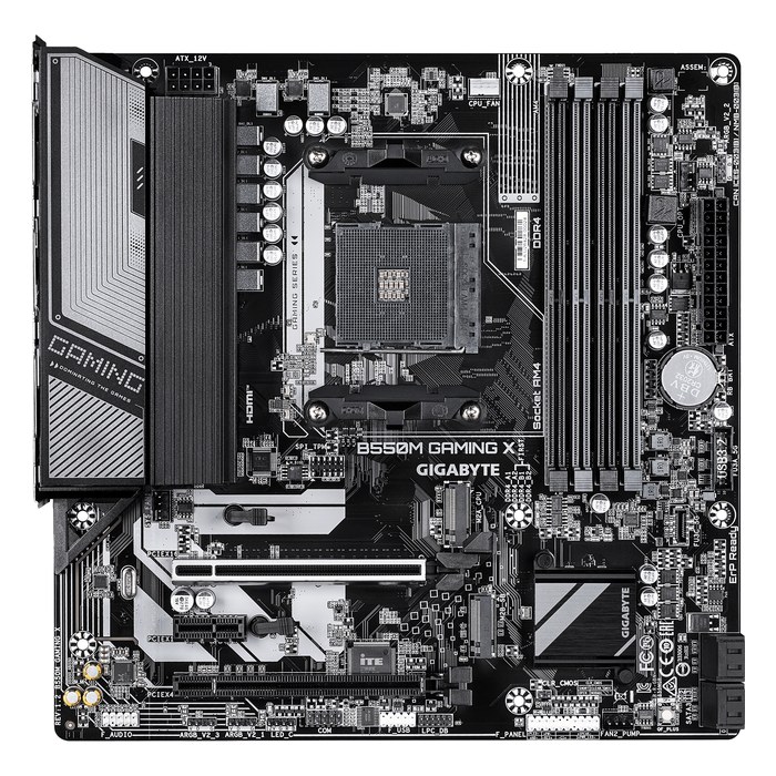 Материнская плата Gigabyte B550M GAMING X (rev. 1.2), mATX, 1xAM4, AMD B550, 4xDDR4-3200MHz (до 128GB), 2xM.2, 4xSATA3, 2xPCIe x16, HDMI/DP, 1x1GbE