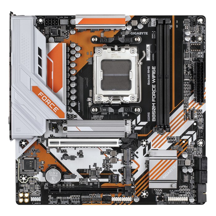 Материнская плата Gigabyte B850M FORCE WIFI6E, mATX, 1xAM5, AMD B850, 2xDDR5-9600MHz (до 128GB), 3xM.2, 4xSATA3, 1xPCIe 5.0 x16, HDMI/DP, 1x2.5GbE, Wi-Fi 6E