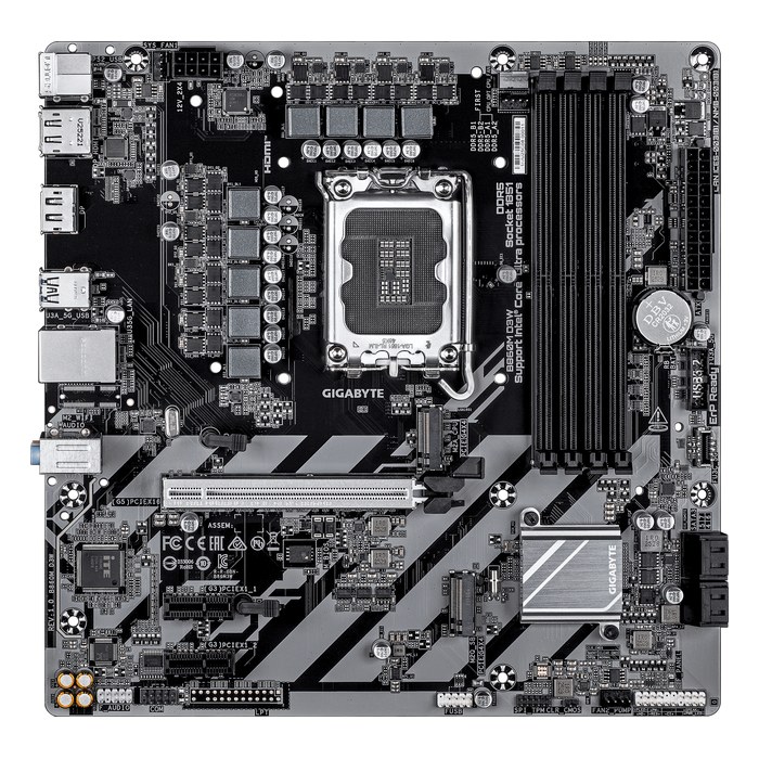 Материнская плата Gigabyte B860M D3W, mATX, 1xLGA1851, Intel B860, 4xDDR5-9066MHz (до 256GB), 2xM.2, 4xSATA3, 1xPCIe 5.0 x16, HDMI/DP, 1x1GbE