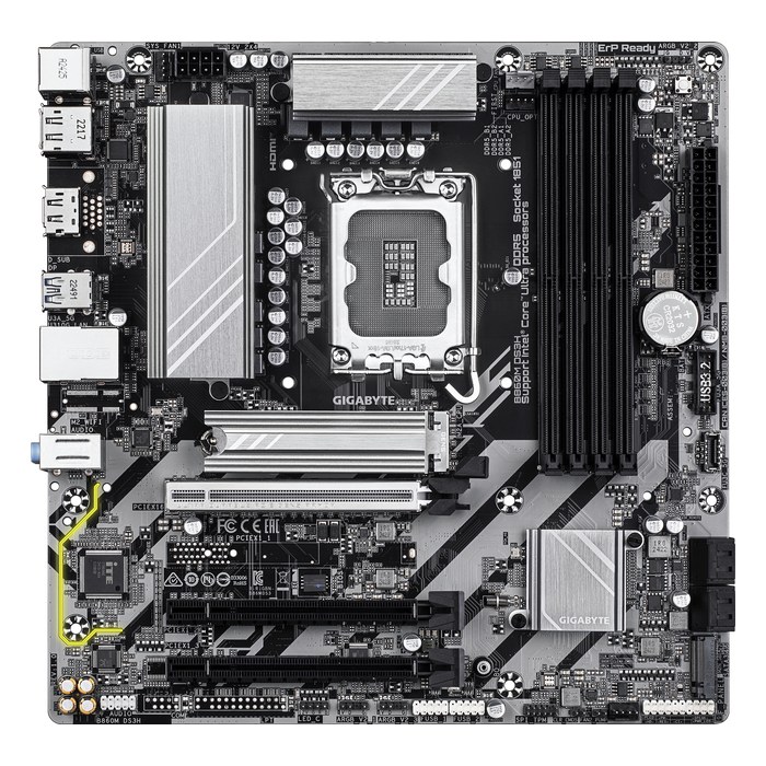 Материнская плата Gigabyte B860M DS3H (rev. 1.0), mATX, 1xLGA1851, Intel B860, 4xDDR5-9066MHz (до 256GB), 2xM.2, 4xSATA3, 1xPCIe 5.0 x16, HDMI/DP, 1x2.5GbE