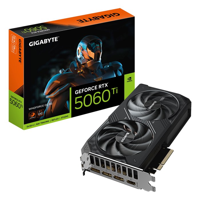 Видеокарта Gigabyte GeForce RTX 5060 Ti WINDFORCE OC 8GB GDDR7/128-bit, PCIe 5.0, 1xHDMI+3xDP, 2 слота, 1x8-pin (GV-N506TWF2OC-8GD)