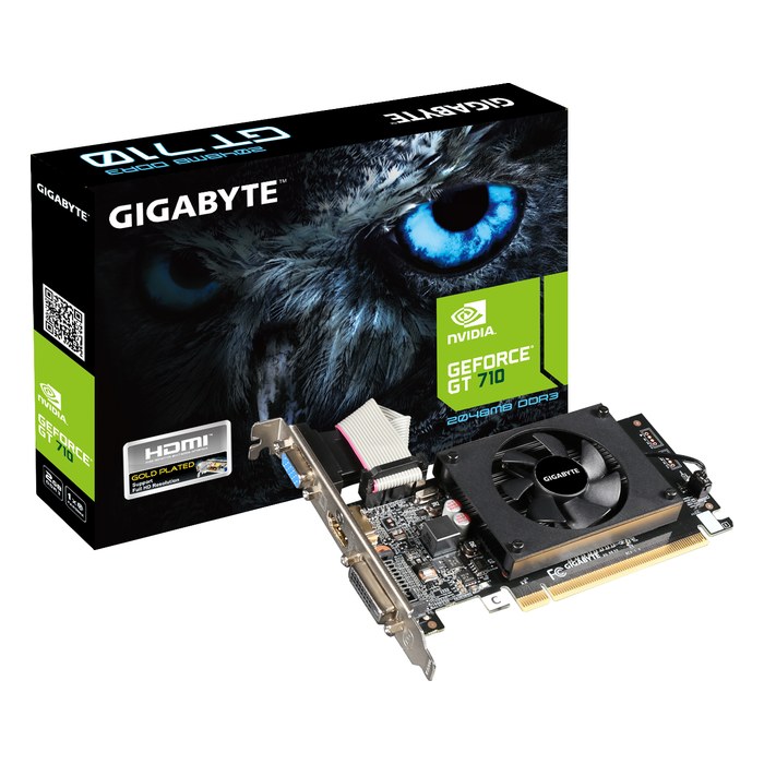 Видеокарта Gigabyte GeForce GT 710 2GB DDR3/64-bit, PCIe 2.0, 1xDVI-D+1xHDMI, 1 слот, низкопрофильная, без доп. питания (GV-N710D3-2GL 2.0)