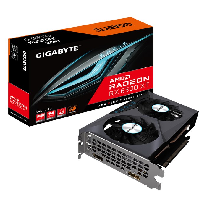 Видеокарта Gigabyte Radeon RX 6500 XT EAGLE 4GB GDDR6/64-bit, PCIe 4.0, 1xHDMI+1xDP, 2 слота, 1x6-pin (GV-R65XTEAGLE-4GD)