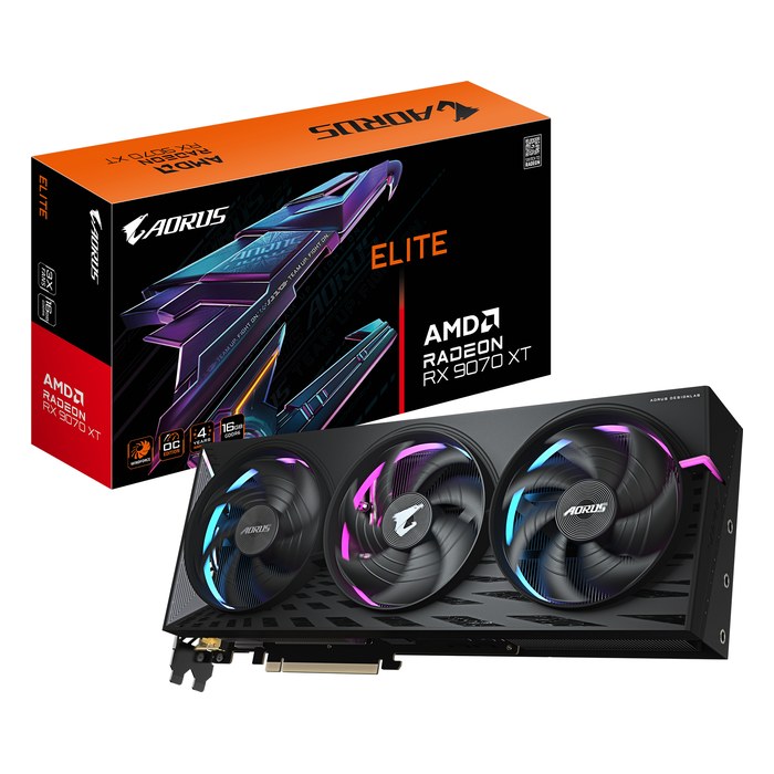 Видеокарта Gigabyte AORUS Radeon RX 9070 XT ELITE 16GB GDDR6/256-bit, PCIe 5.0, 2xHDMI+2xDP, 3 слота, 3x8-pin (GV-R9070XTAORUS E-16GD)