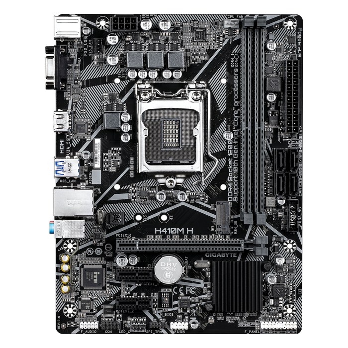 Материнская плата Gigabyte H410M H (rev. 2.0), mATX, 1xLGA1200, Intel H410, 2xDDR4-2933MHz (до 64GB), 1xM.2, 4xSATA3, 1xPCIe 3.0 x16, HDMI/VGA, 1x1GbE