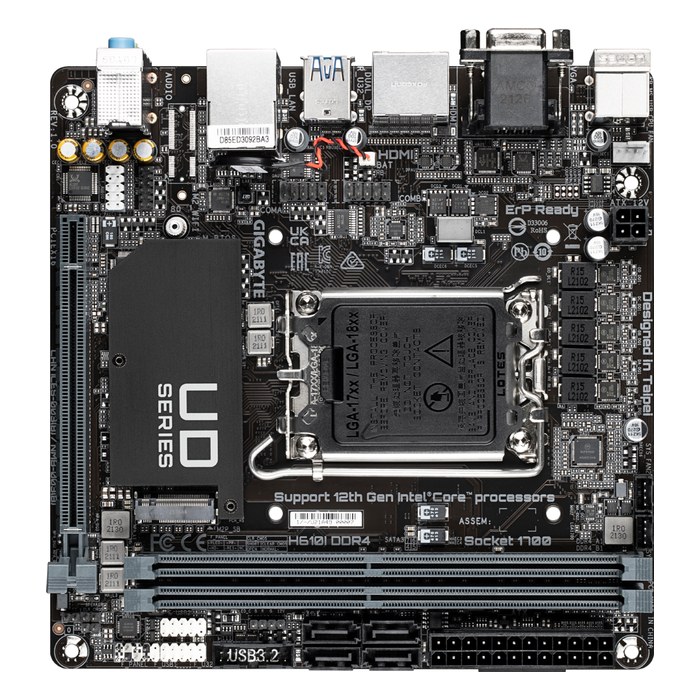 Материнская плата Gigabyte H610I DDR4 (rev. 1.0), Mini-ITX, 1xLGA1700, Intel H610, 2xDDR4-3200MHz (до 64GB), 1xM.2, 4xSATA3, 1xPCIe 4.0 x16, HDMI/DP/VGA, 1x1GbE