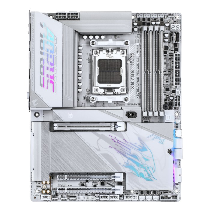 Материнская плата Gigabyte X870E AORUS PRO X3D ICE, ATX, 1xAM5, AMD X870E, 4xDDR5 (до 256GB), 4xM.2, 4xSATA3, 1xPCIe 5.0 x16, HDMI, 1x5GbE, Wi-Fi 7