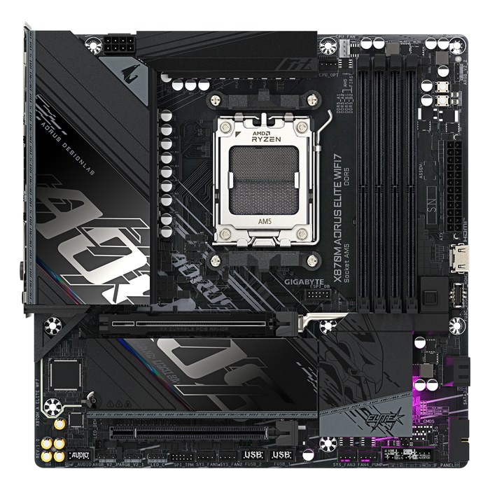 Материнская плата Gigabyte X870M AORUS ELITE WIFI7, mATX, 1xAM5, AMD X870, 4xDDR5-8200MHz (до 256GB), 2xM.2, 2xSATA3, 1xPCIe 5.0 x16, HDMI, 1x2.5GbE, Wi-Fi 7