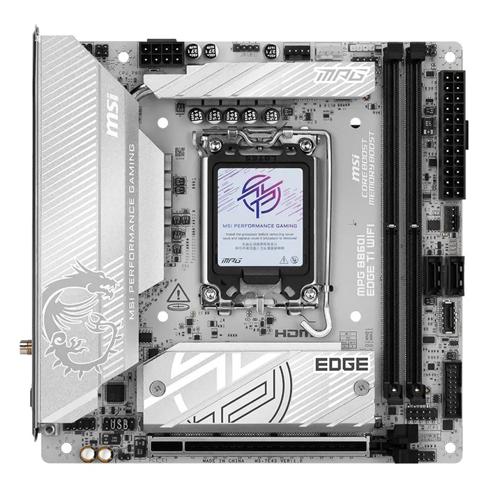 Материнская плата MSI MPG B860I EDGE TI WIFI, Mini-ITX, 1xLGA1851, Intel B860, 2xDDR5 (до 128GB), 2xM.2, 2xSATA3, 1xPCIe 5.0 x16, HDMI/DP, 1x5GbE, Wi-Fi 7