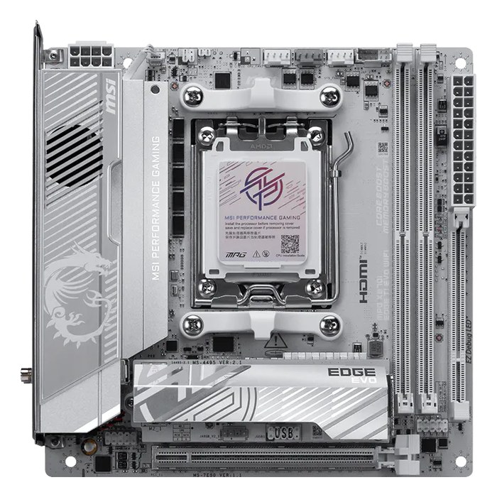 Материнская плата MSI MPG X870I EDGE TI EVO WIFI, Mini-ITX, 1xAM5, AMD X870, 2xDDR5 (до 128GB), 2xM.2, 2xSATA3, 1xPCIe 5.0 x16, HDMI/DP, 1x5GbE, Wi-Fi 7