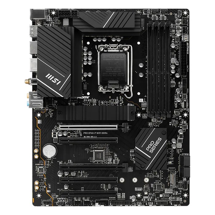 Материнская плата MSI PRO B760-P WIFI DDR4, ATX, 1xLGA1700, Intel B760, 4xDDR4 (до 128GB), 2xM.2, 4xSATA3, 1xPCIe 4.0 x16, HDMI/DP, 1x2.5GbE, Wi-Fi 6E
