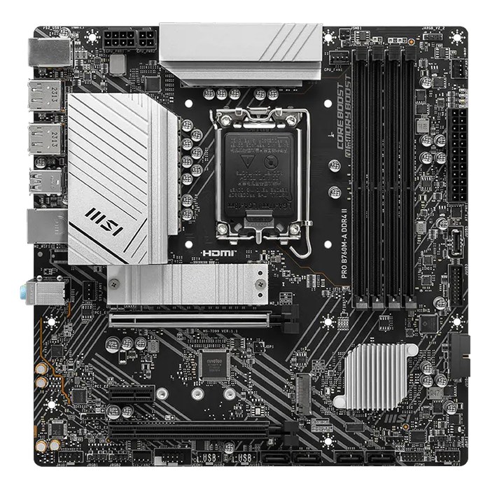 Материнская плата MSI PRO B760M-A DDR4 II, mATX, 1xLGA1700, Intel B760, 4xDDR4 (до 128GB), 2xM.2, 4xSATA3, 1xPCIe 4.0 x16, HDMI/DP, 1x2.5GbE