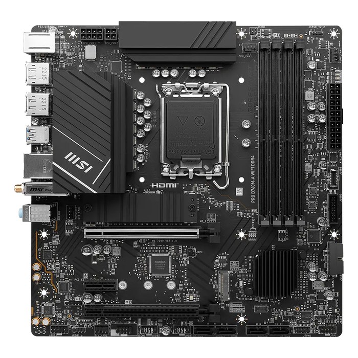 Материнская плата MSI PRO B760M-A WIFI DDR4, mATX, 1xLGA1700, Intel B760, 4xDDR4 (до 128GB), 2xM.2, 4xSATA3, 1xPCIe 4.0 x16, HDMI/DP, 1x2.5GbE, Wi-Fi 6E