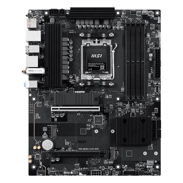 Материнская плата MSI PRO B850-S EVO WIFI, ATX, 1xAM5, AMD B850, 4xDDR5 (до 256GB), 3xM.2, 4xSATA3, 1xPCIe 5.0 x16, HDMI/DP, 1x5GbE, Wi-Fi 7