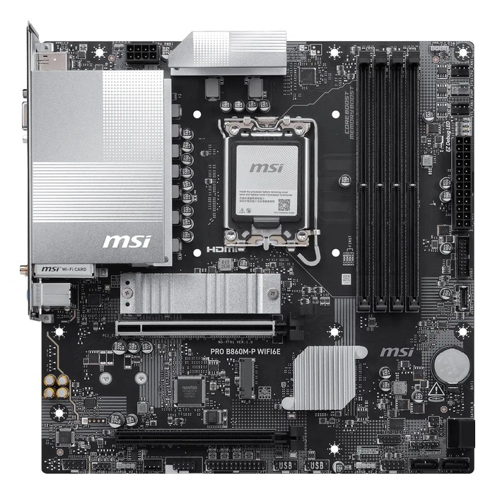 Материнская плата MSI PRO B860M-P WIFI6E, mATX, 1xLGA1851, Intel B860, 4xDDR5 (до 256GB), 2xM.2, 4xSATA3, 1xPCIe 5.0 x16, HDMI/DP/VGA, 1x2.5GbE, Wi-Fi 6E