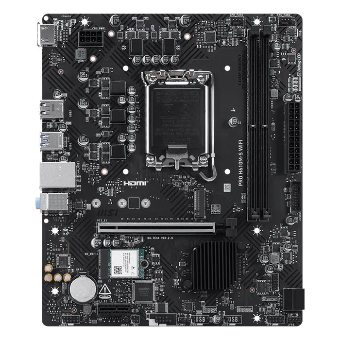 Материнская плата MSI PRO H610M-S WIFI, mATX, 1xLGA1700, Intel H610, 2xDDR5 (до 128GB), 1xM.2, 2xSATA3, 1xPCIe 4.0 x16, HDMI, 1x1GbE, Wi-Fi 6E