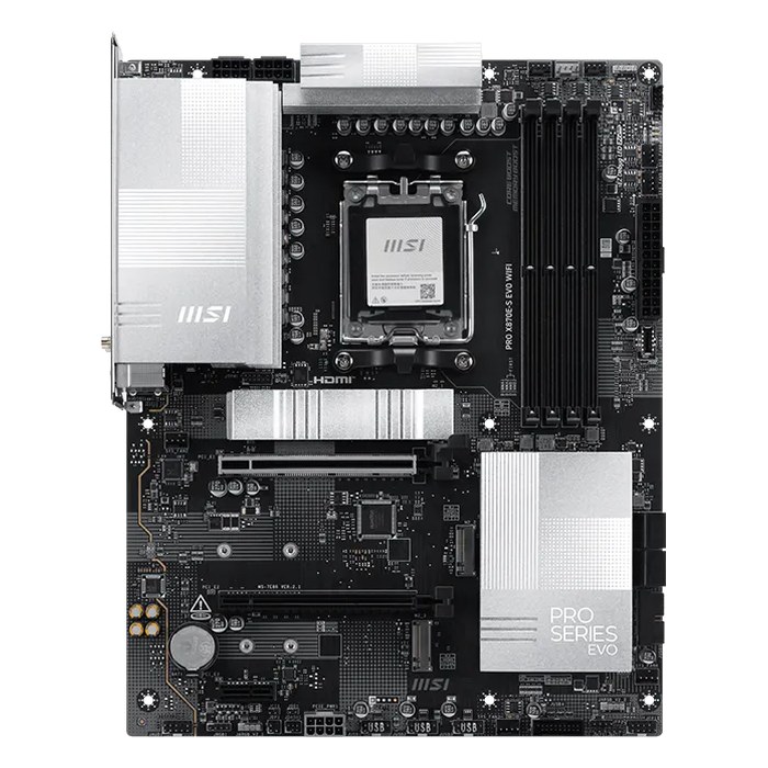 Материнская плата MSI PRO X870E-S EVO WIFI, ATX, 1xAM5, AMD X870E, 4xDDR5 (до 256GB), 3xM.2, 4xSATA3, 1xPCIe 5.0 x16, HDMI, 1x5GbE, Wi-Fi 7