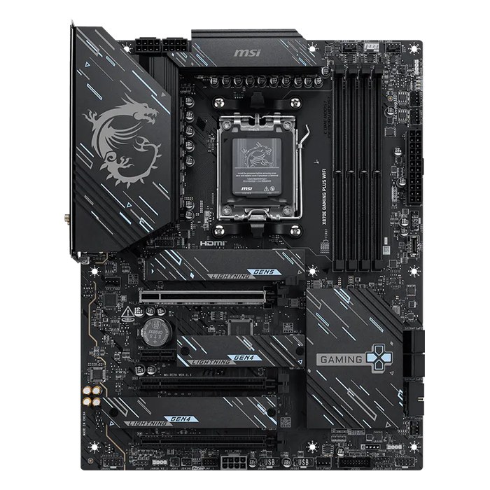 Материнская плата MSI X870E GAMING PLUS WIFI, ATX, 1xAM5, AMD X870E, 4xDDR5 (до 256GB), 3xM.2, 4xSATA3, 1xPCIe 5.0 x16, HDMI, 1x5GbE, Wi-Fi 7