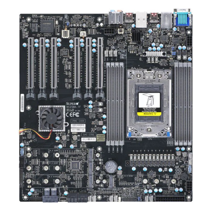 Supermicro MBD-M12SWA-TF-B — Материнская плата M12SWA-TF, E-ATX, 1xsWRX8, AMD WRX80, 8xDDR4 (до 2048GB), 4xM.2, 4xSATA3, 6xPCIe 4.0 x16, VGA, 1x1GbE+1x10GbE, IPMI