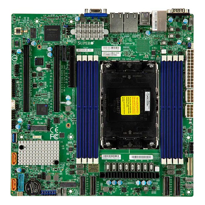 Материнская плата Supermicro X13SEM-TF, mATX, 1xLGA4677, Intel C741, 8xDDR5-5600MHz (до 2048GB), 2xM.2, 10xSATA3, 2xPCIe 5.0 x16, VGA, 2x10GbE, IPMI (MBD-X13SEM-TF-B)